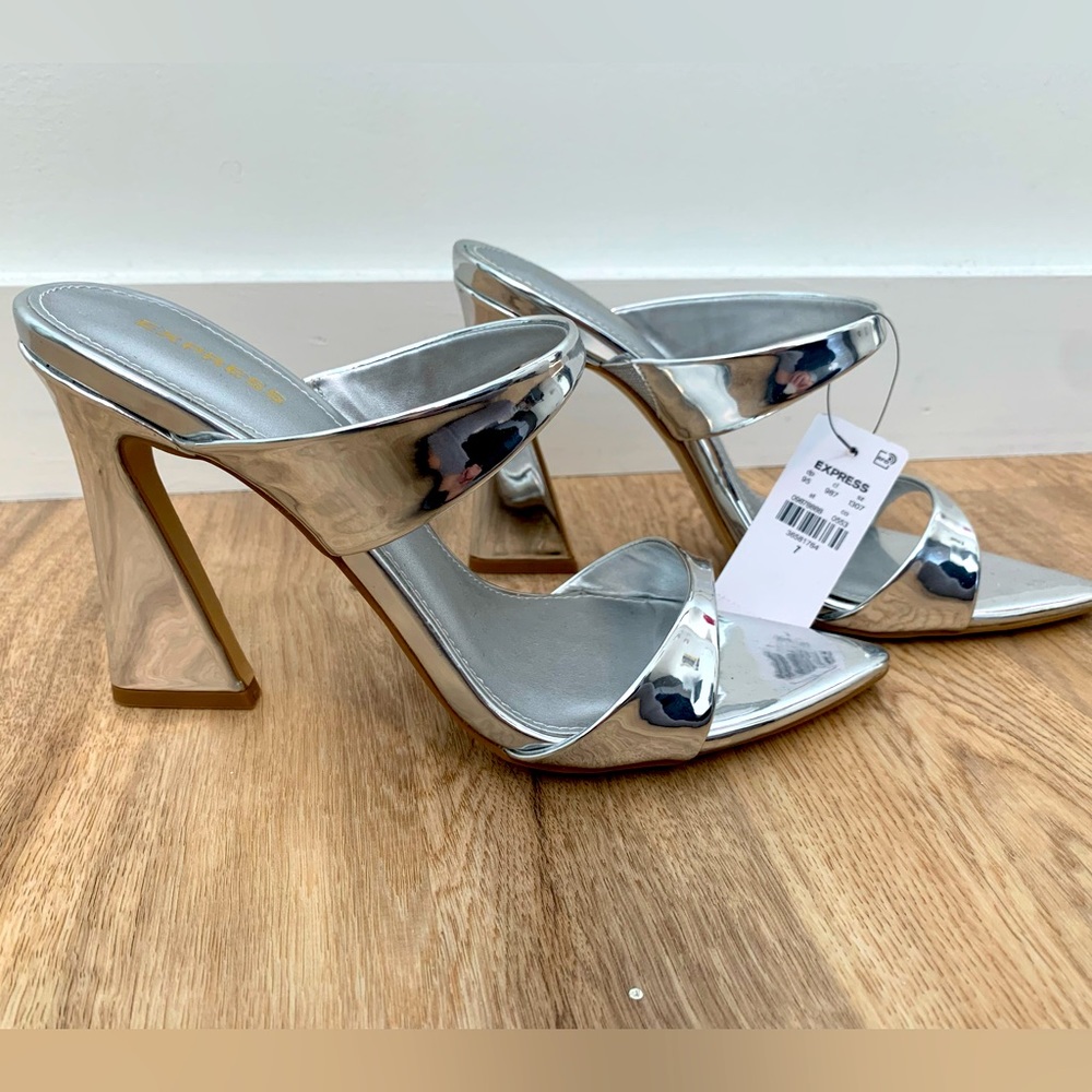 Express silver metallic heels. Brand new, unworn with tag